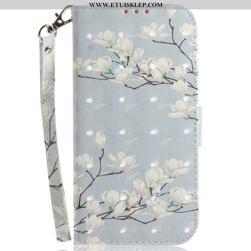 Etui Folio do Xiaomi Redmi Note 12 4G z Łańcuch Paskowate Białe Kwiaty
